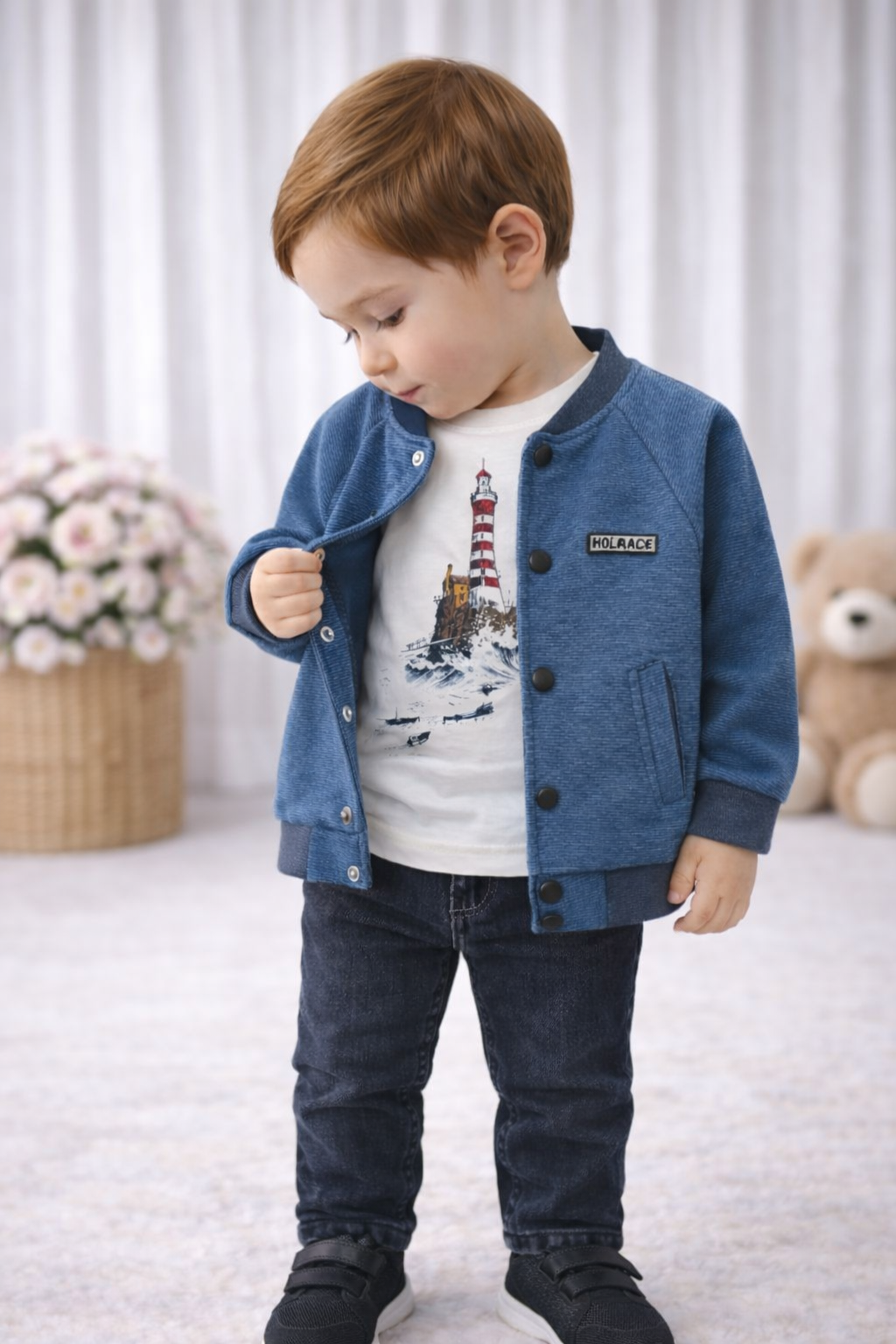 Erkek Bebek Mevsimlik Düğmeli Ceketli 3’lü Takım